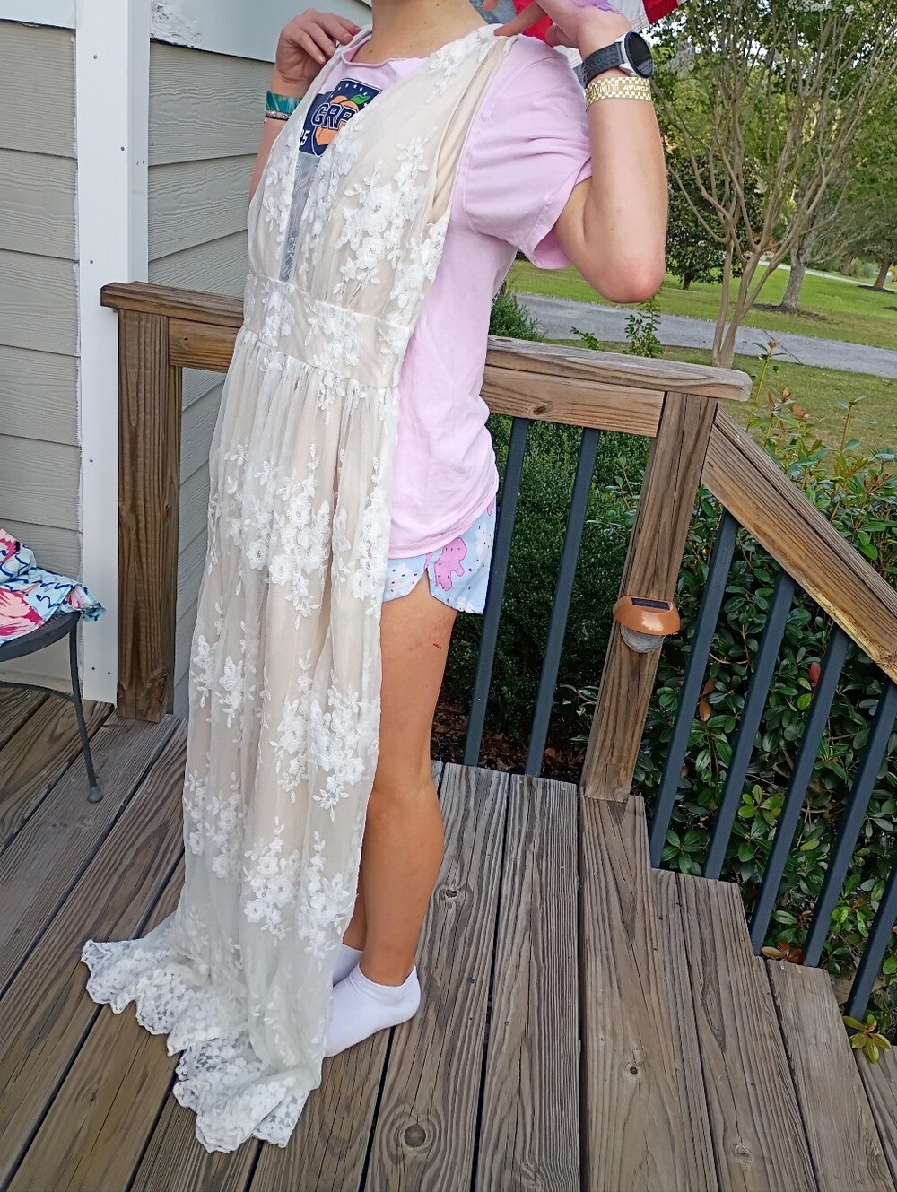 Extra Long Ivory Lace Overlay V-Neck Maxi Dress - Picture 5 of 5